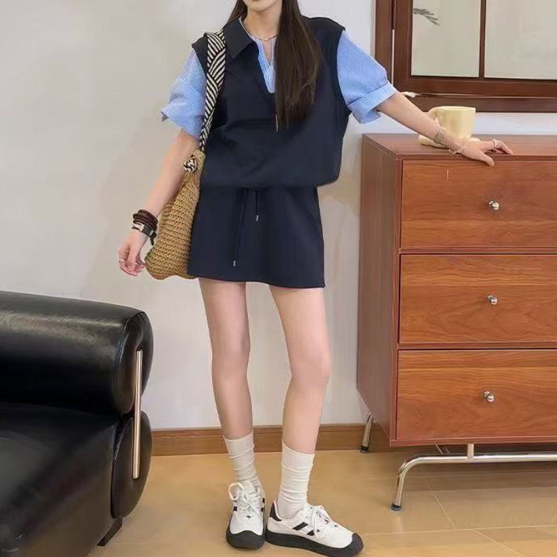 韓系假兩件套裝 夏季拼接短袖翻領上衣＋半身裙整套穿搭 新款流行