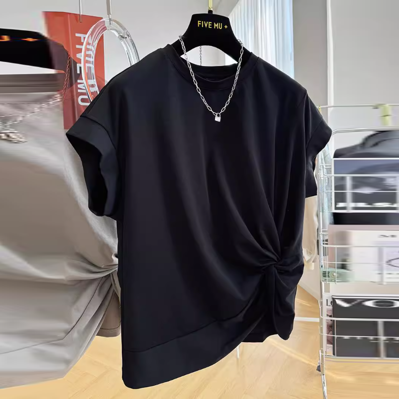 設計感純棉獨特褶皺不規則圓領短袖T恤 半袖上衣