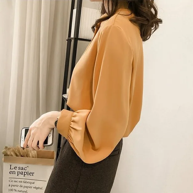 韓版燈籠袖氣質優雅襯衫-秋季通勤純色寬鬆大尺碼長袖上衣