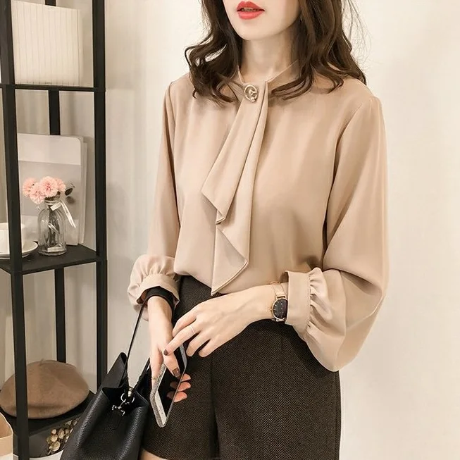 韓版燈籠袖氣質優雅襯衫-秋季通勤純色寬鬆大尺碼長袖上衣