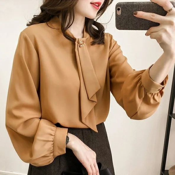 韓版燈籠袖氣質優雅襯衫-秋季通勤純色寬鬆大尺碼長袖上衣