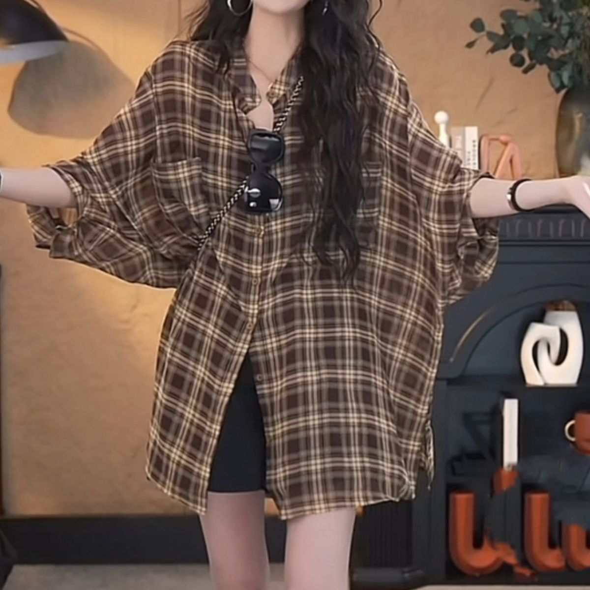 復古格紋寬鬆防曬襯衫外套 七分袖長版休閒款