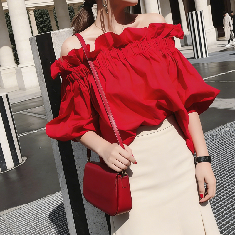韓系浪漫一字領鬆緊紅色上衣 五分袖設計感襯衫 顯白亮紅鬆緊抓皺