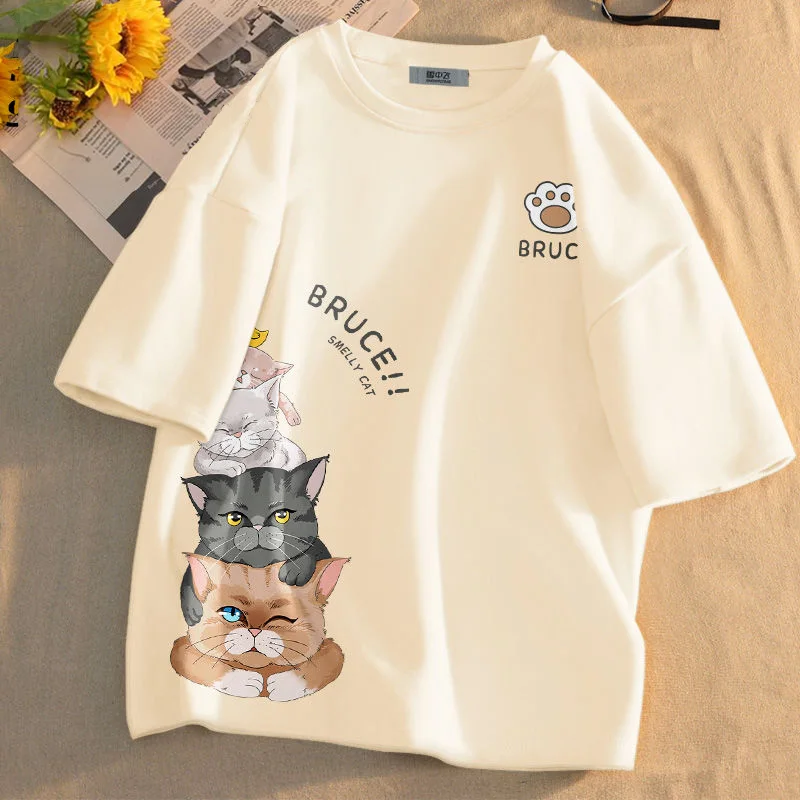 純棉萌貓印花短袖上衣-夏季寬鬆好搭 輕鬆休閒風