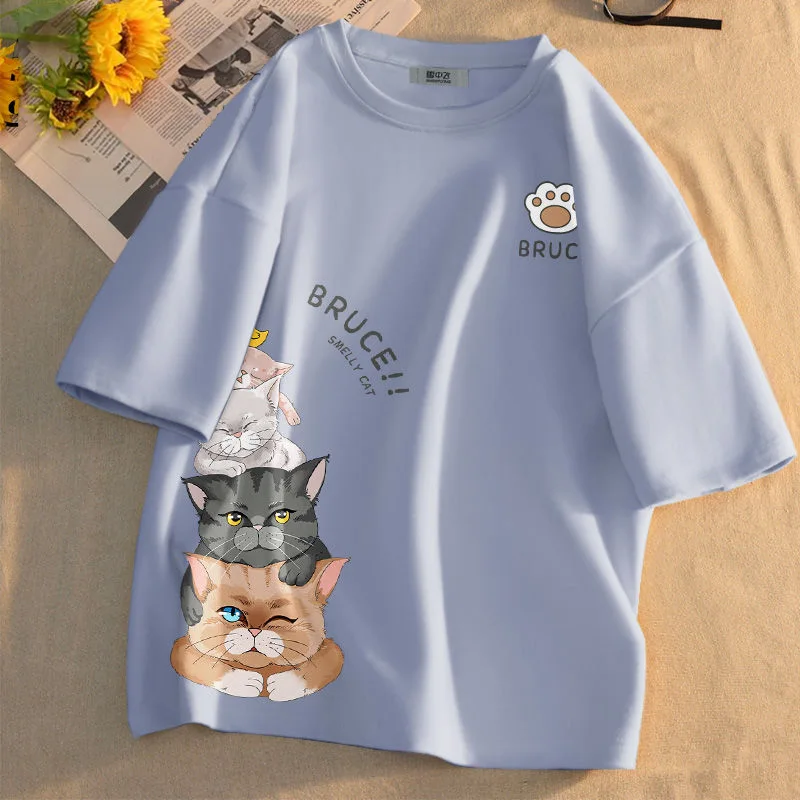 純棉萌貓印花短袖上衣-夏季寬鬆好搭 輕鬆休閒風