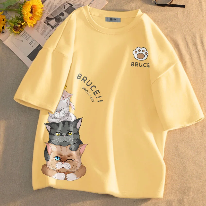 純棉萌貓印花短袖上衣-夏季寬鬆好搭 輕鬆休閒風