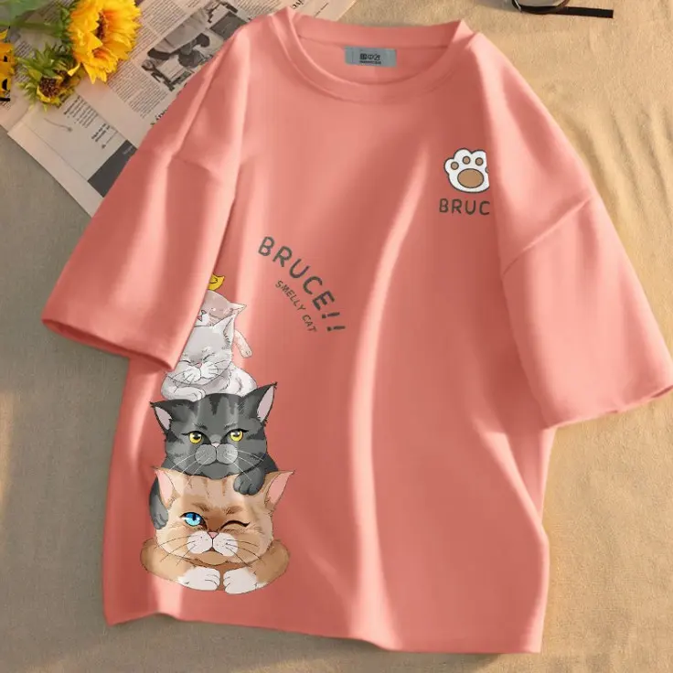 純棉萌貓印花短袖上衣-夏季寬鬆好搭 輕鬆休閒風