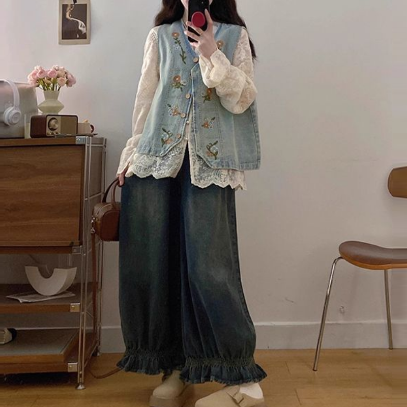 韓系復古三件式套裝 牛仔背心＋蕾絲襯衫＋寬鬆牛仔寬褲 成套穿搭 百搭有型