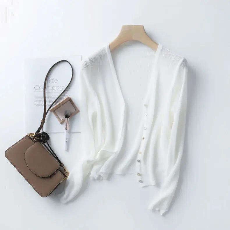 冰絲針織防曬衣 冷氣房開襟衫V領薄款罩衫