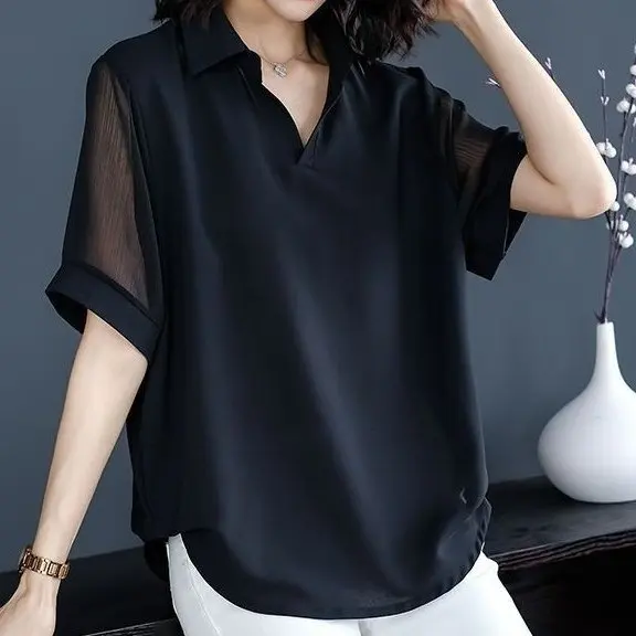女人魅力UP通勤透膚雪紡衫黑色短袖v領 韓版襯衣