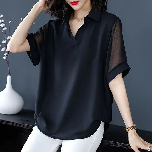 女人魅力UP通勤透膚雪紡衫黑色短袖v領 韓版襯衣