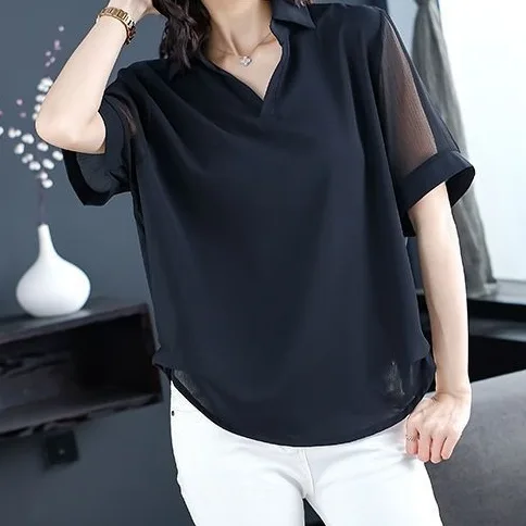 女人魅力UP通勤透膚雪紡衫黑色短袖v領 韓版襯衣