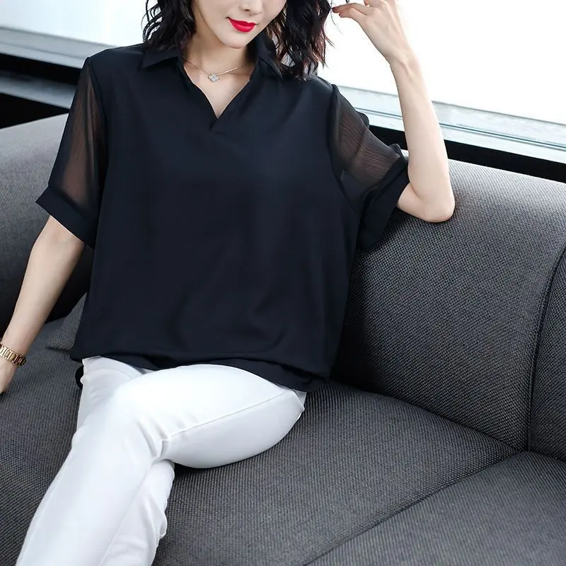 女人魅力UP通勤透膚雪紡衫黑色短袖v領 韓版襯衣