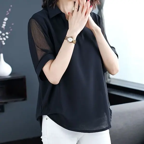 女人魅力UP通勤透膚雪紡衫黑色短袖v領 韓版襯衣