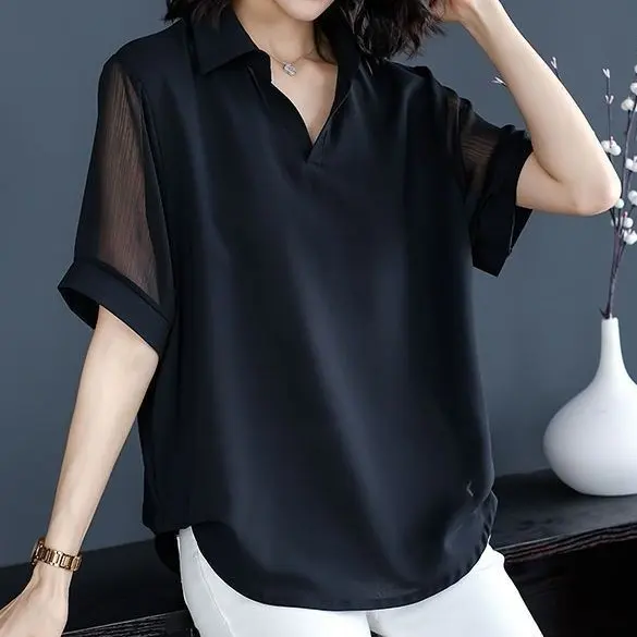 女人魅力UP通勤透膚雪紡衫黑色短袖v領 韓版襯衣