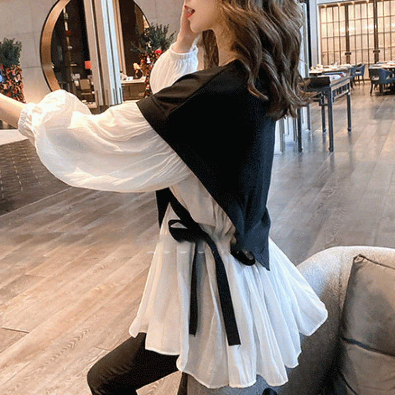 溫柔拼接多層假兩件上衣-時尚中長款 輕鬆優雅穿搭 孕婦寬鬆襯衫