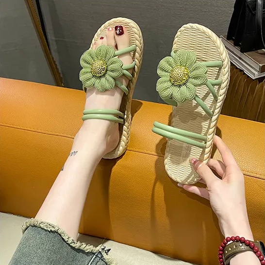 韓版時尚設計感花朵兩穿草編休閒涼鞋