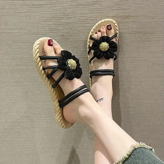 韓版時尚設計感花朵兩穿草編休閒涼鞋