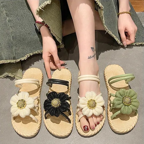 韓版時尚設計感花朵兩穿草編休閒涼鞋