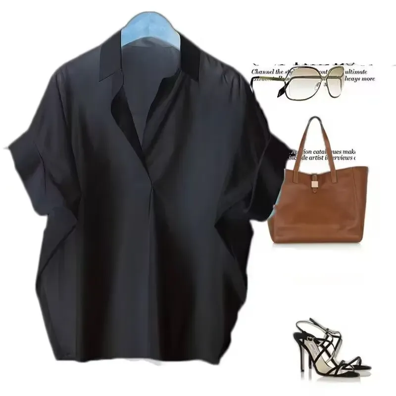 復古夏日V領 蝙蝠袖 通勤顯瘦寬鬆氣質襯衫