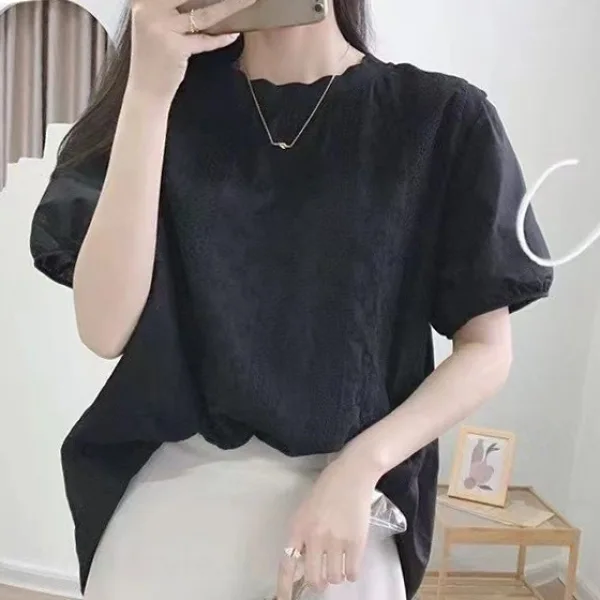 蕾絲刺繡棉麻襯衫 寬鬆百搭韓國泡泡袖花邊圓領襯衫上衣