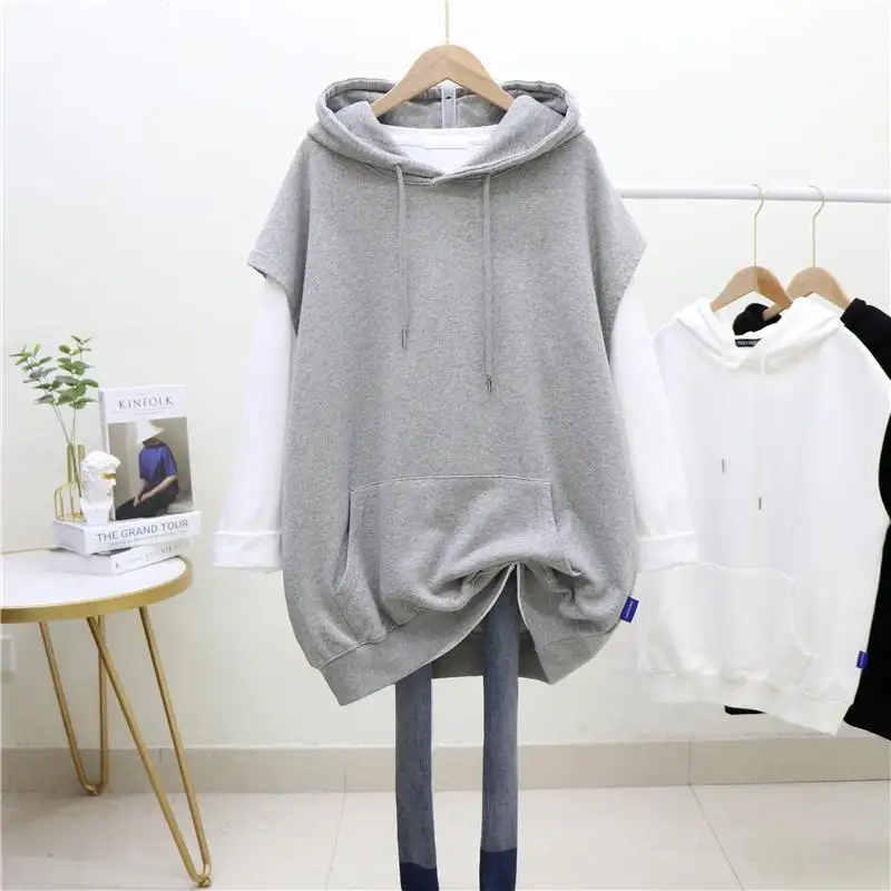 自訂 純色簡約中長款無袖外套ins連帽馬甲大學T