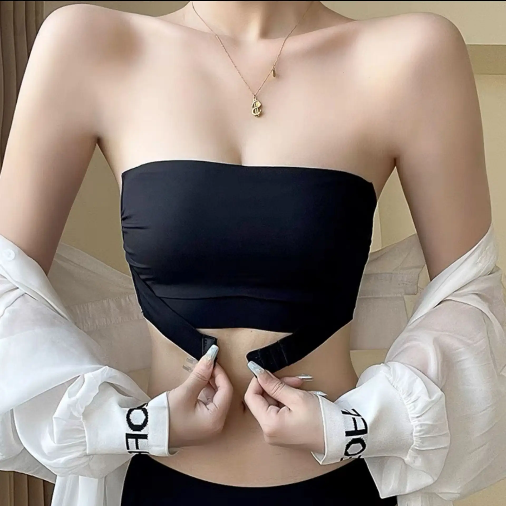 無肩帶小胸聚攏隱形防滑辣妹抹胸防走光文胸前扣bra内衣