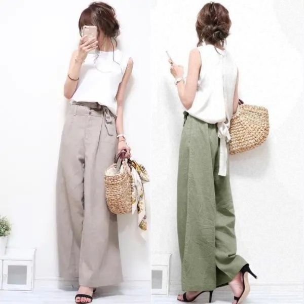 休閒時尚套裝 圓領 無袖 短袖 綁帶 寬褲 兩件套