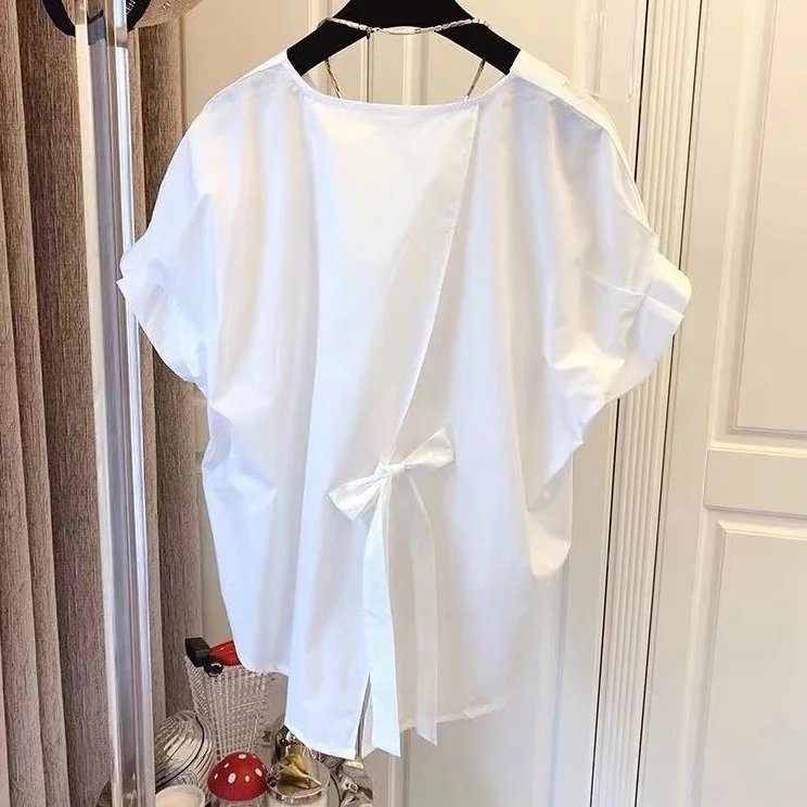 設計感 小眾 韓版 寬鬆 休閒 法式 開叉 綁帶 蝴蝶結 套頭 短袖 襯衫