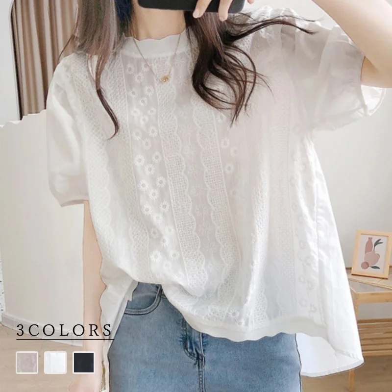 蕾絲刺繡棉麻襯衫 寬鬆百搭韓國泡泡袖花邊圓領襯衫上衣