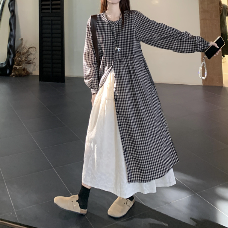 日系復古格紋襯衫洋裝 長袖寬鬆 可層次穿搭 慵懶風（嬌小友善）