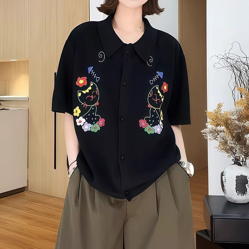 貓咪刺繡翻領短袖上衣 寬鬆造型設計款
