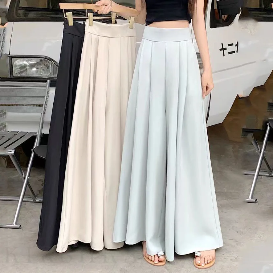 百褶西裝褲裙薄款 時尚高腰寬褲垂感休閒拖地褲（M-5XL）