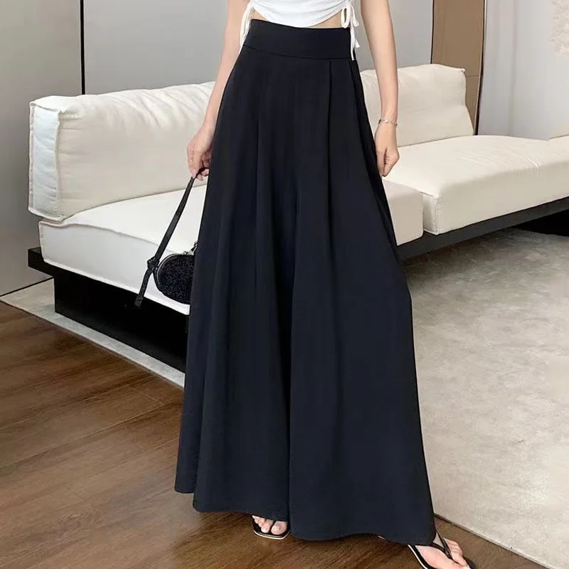 百褶西裝褲裙薄款 時尚高腰寬褲垂感休閒拖地褲（M-5XL）