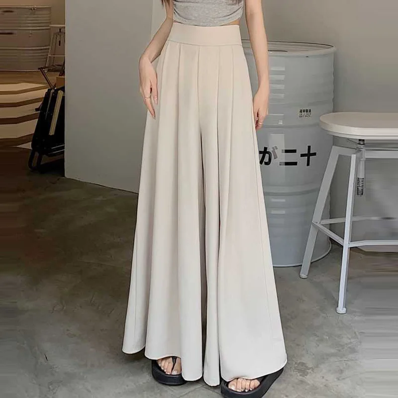 百褶西裝褲裙薄款 時尚高腰寬褲垂感休閒拖地褲（M-5XL）