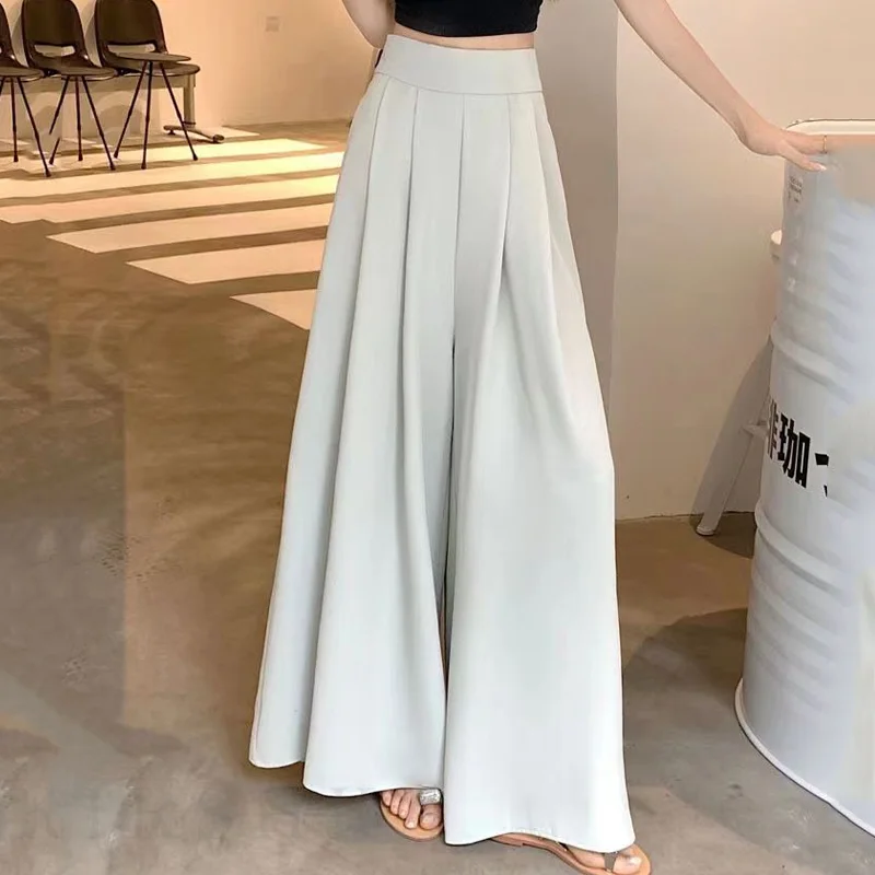 百褶西裝褲裙薄款 時尚高腰寬褲垂感休閒拖地褲（M-5XL）