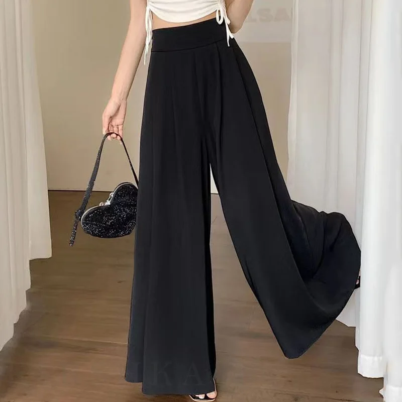 百褶西裝褲裙薄款 時尚高腰寬褲垂感休閒拖地褲（M-5XL）