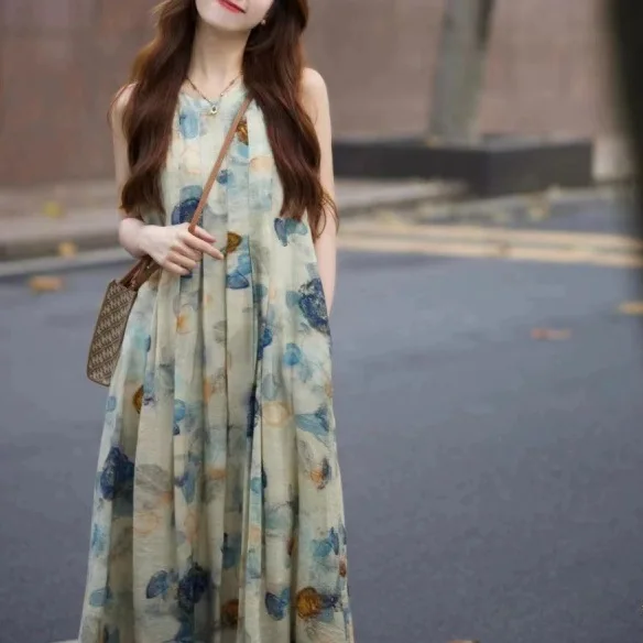 【單品可選】韓系溫柔穿搭 丹寧牛仔外套+復古印花背心洋裝兩件套組