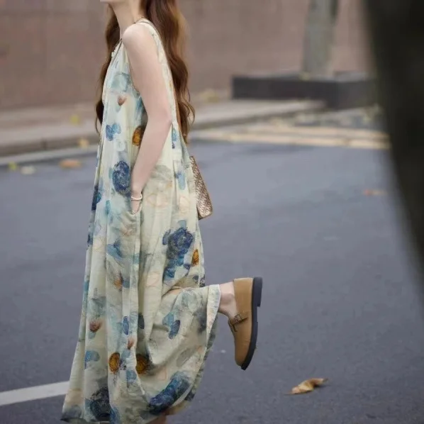 【單品可選】韓系溫柔穿搭 丹寧牛仔外套+復古印花背心洋裝兩件套組