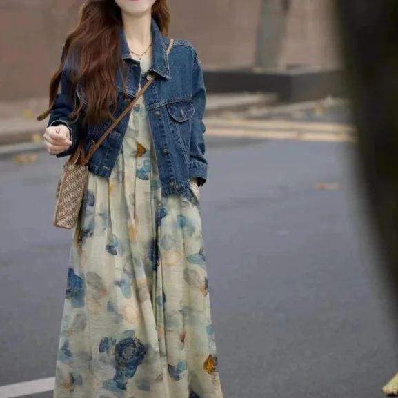 【單品可選】韓系溫柔穿搭 丹寧牛仔外套+復古印花背心洋裝兩件套組