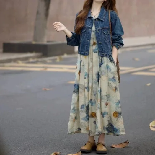 【單品可選】韓系溫柔穿搭 丹寧牛仔外套+復古印花背心洋裝兩件套組