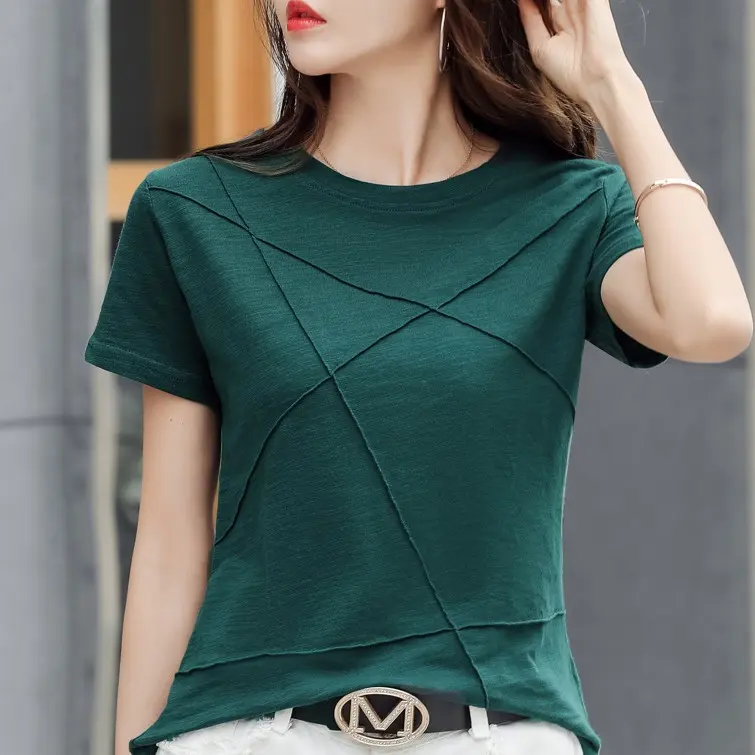 法國棉純竹節短袖T恤女裝寬鬆上衣