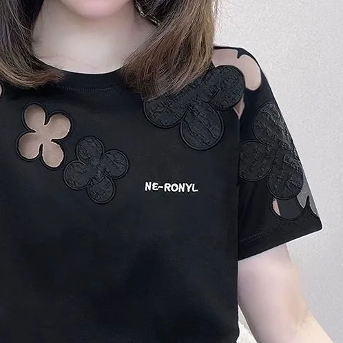 設計感鏤空繡花小眾 寬鬆短袖t恤