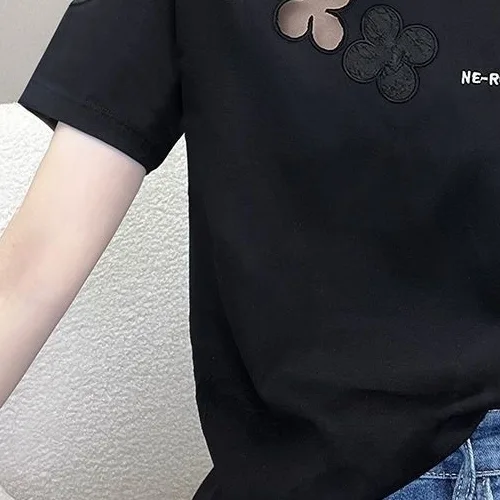 設計感鏤空繡花小眾 寬鬆短袖t恤
