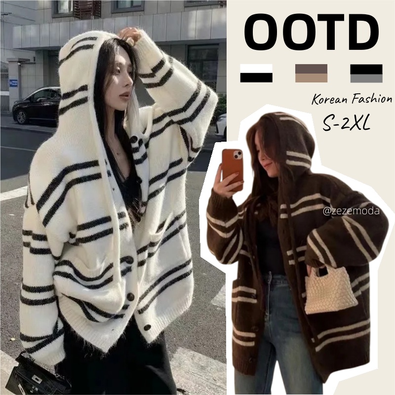 慵懶風條紋連帽針織外套 寬鬆剪裁 秋冬百搭款