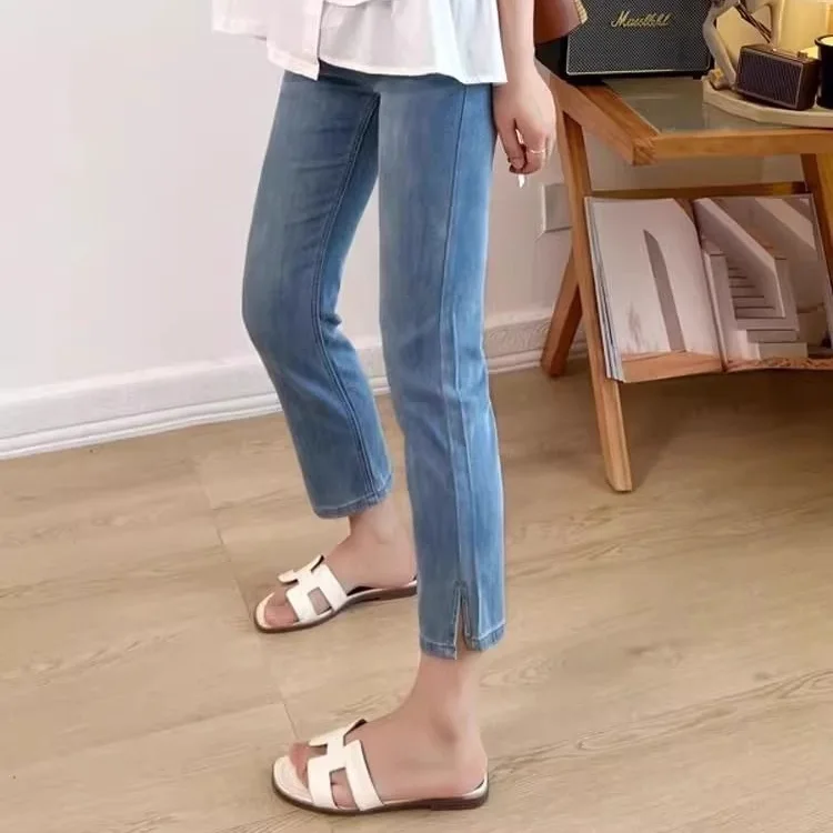 彈性冰絲直筒牛仔褲 九分褲 薄款開叉顯瘦