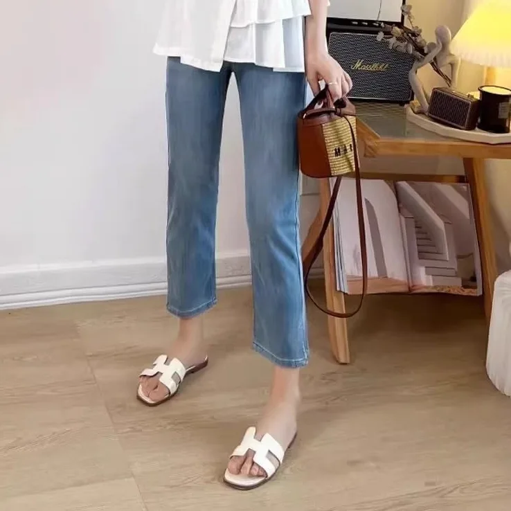 彈性冰絲直筒牛仔褲 九分褲 薄款開叉顯瘦