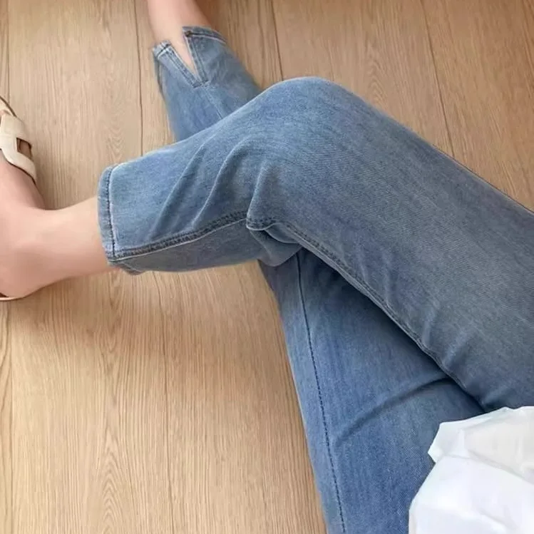 彈性冰絲直筒牛仔褲 九分褲 薄款開叉顯瘦