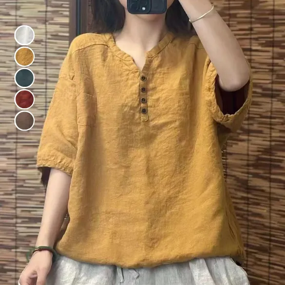 文藝 棉麻 刺繡 立領 寬鬆 百搭顯瘦 薄款 五分袖 襯衫