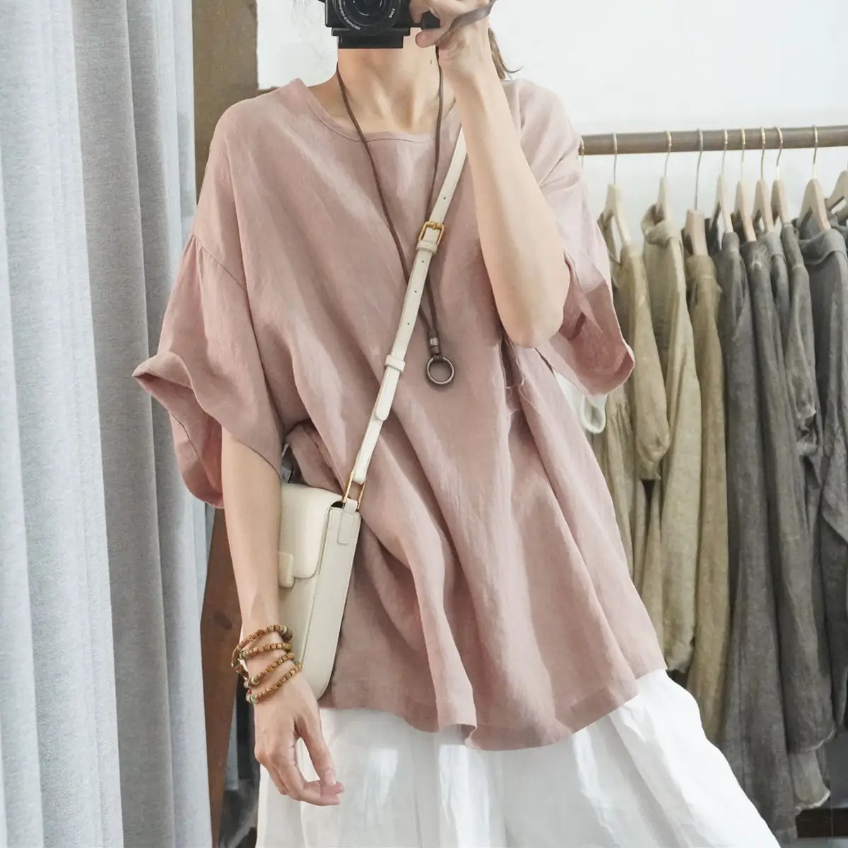 簡約好搭 素面 半袖 休閒 大尺碼 寬鬆 棉麻 襯衫